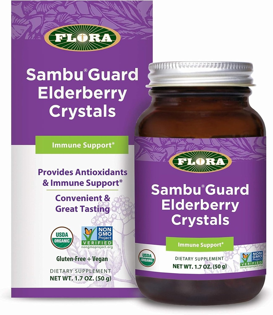 Flora - SambuGuard Elderberry Κρύσταλλα, Παρέχει Αντιοξειδωτικά & Ανοσολογική Υποστήριξη, Ενίσχυση Ανοσίας, Αποτοξίνωση Σώμα, Boost Energy, 1.7-oz. Κόνις