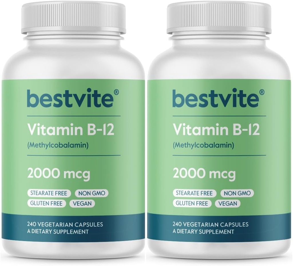 BESTVITE Βιταμίνη B12 (Methylcobalamin) 2000mcg (480 κάψουλες χορτοφάγων)(2 x 240) (Methyl B12) - Χωρίς Stearates - Vegan - Μη ΓΤΟ - Χωρίς γλουτένη