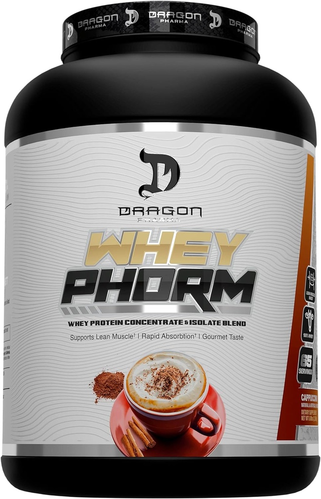 DRAGON PHARMA Whey Protein Blend, γρήγορη απορρόφηση, χωρίς γλουτένη, 100% πρωτεΐνη Whey, WheyPhorm, Maximize Recovery, Great Tasting, 25 γραμμάρια πρωτεΐνης (65 μερίδες, Cappuccino)