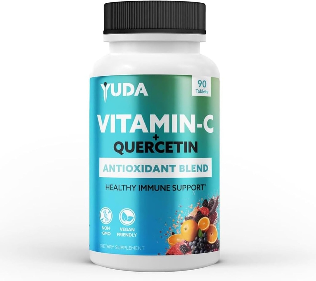 Yuda Quercetin Συμπληρώματα με βιταμίνη C 1000mg - Super C Βιταμίνη & Quercitin Formula για την ανοσοποιητική υποστήριξη Εμπλουτισμένη με Elderberry & Rose HIPS - Προάγει μια υγιή ανοσοαπόκριση - 90 δισκία