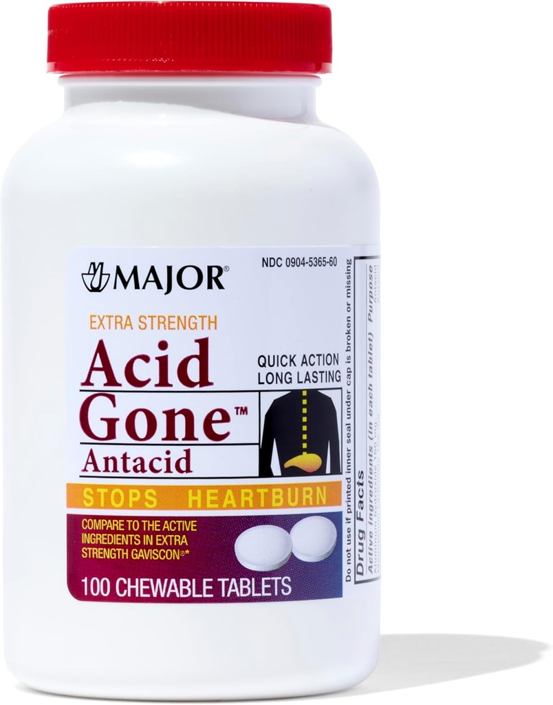 Major Acid Gone Extra Strength Antacid Chewable Tables - Αντιασφυκτική Ανακούφιση - Acid Relux Medicine for Adults - Αναστατωμένο στομάχι, οξύ δυσπεψία, και Heartburn Relief - Long-Lasting - 100 Count