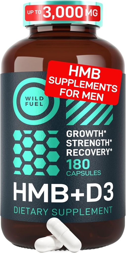 WILD FUEL 3.000mg HMB συμπλήρωμα συν βιταμίνη D3 - μυϊκή ανάπτυξη, δύναμη, γρήγορη αποκατάσταση προπόνησης HMB συμπληρώματα για άνδρες και γυναίκες - ασβέστιο β-υδροξυ β-μεθυλοβουτυρικό - 180 κάψουλες