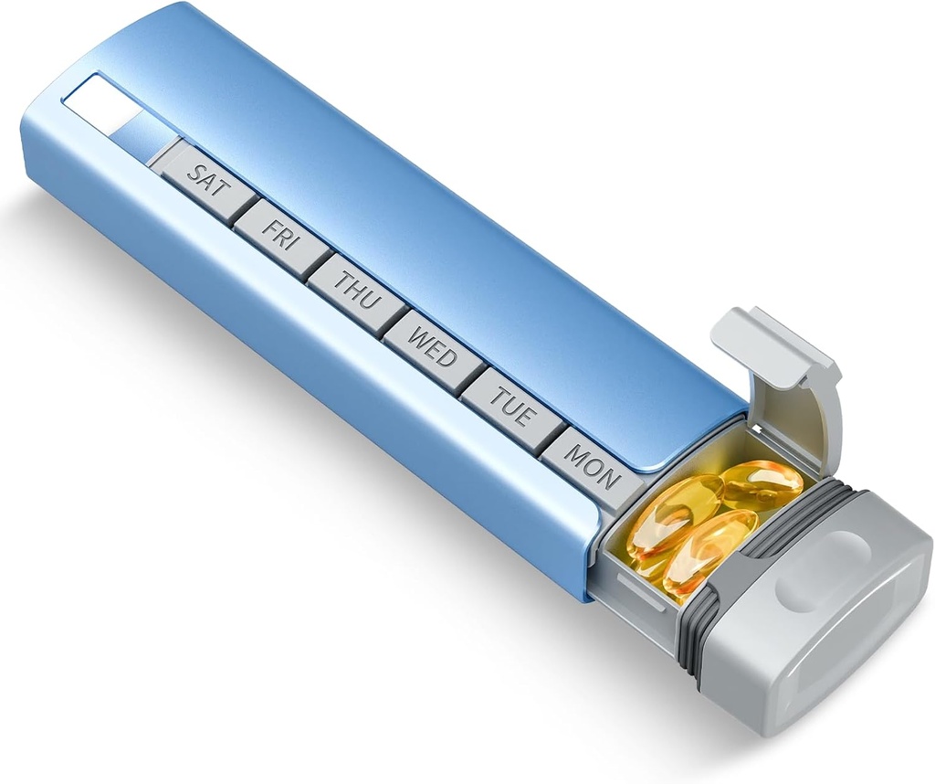 Travel Pill Organizer Weekly, 1 φορά την ημέρα, Αναβάθμιση Premium Κράμα Αλουμινίου Daily Pill Box 7 Day, Φορητή θήκη μεταλλικών χαπιών, Χαριτωμένος κάτοχος χαπιών για να κρατήσει βιταμίνες, φάρμακα, χάπια, συμπληρώματα (μπλε)