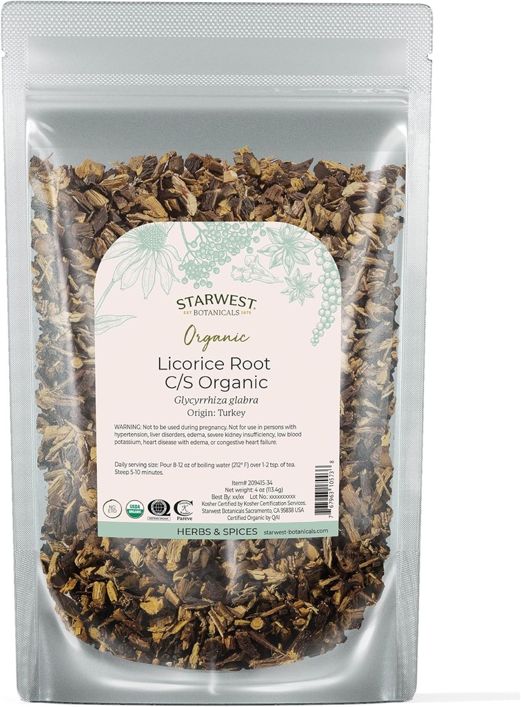 Starwest Botanicals Βιολογική Αποξηραμένη Ρίζα Λικέρ - Βότανο για Χαλαρά Φύλλα Τσάι Blends, Κάντυ, & Ψημένα Αγαθά, Κοβ & Κοφτερό, Certified Kosher, Μη-GMO - 4 oz Pouch