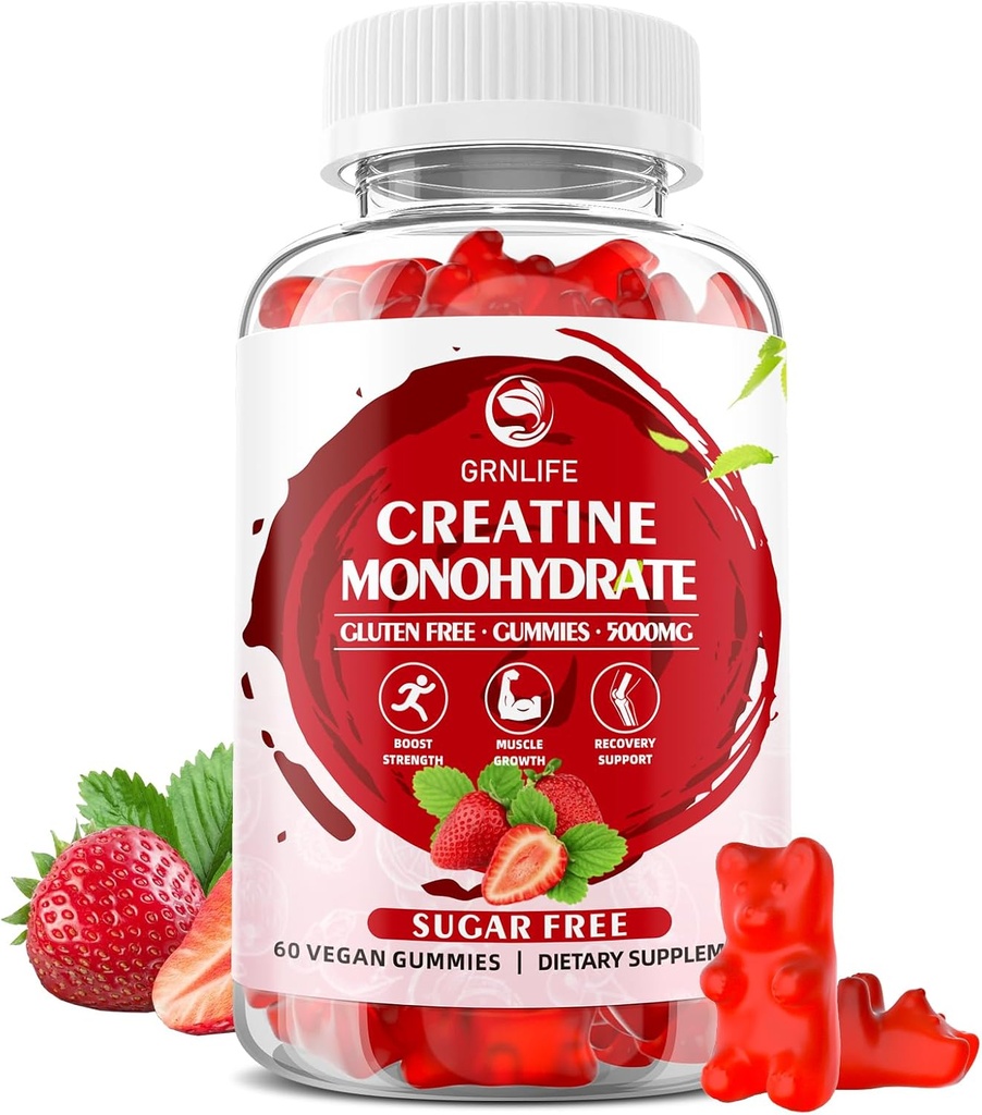 Creatine Monohydrate Gummies για άνδρες & γυναίκες, μασώμενα Creatine Monohydrate for Muscle Strength, Muscle Builder, Energy Boost, Sugar Free, Vegan, Strawberry Flavor-60 Count