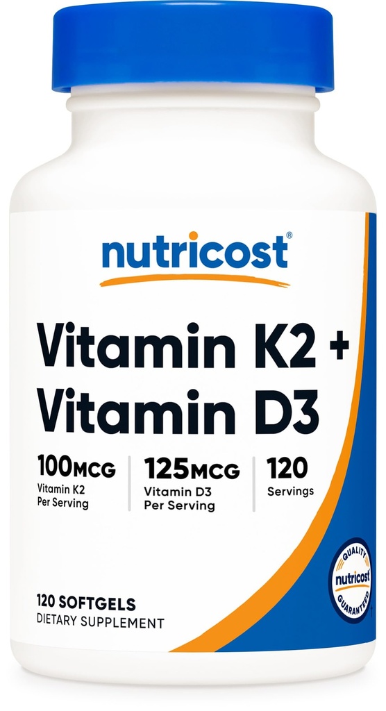 Nutricost Βιταμίνη D3 + K2 (5000 IU D3 / 100mcg MK7), 120 Softgels – Χωρίς γλουτένη και χωρίς γλουτένη