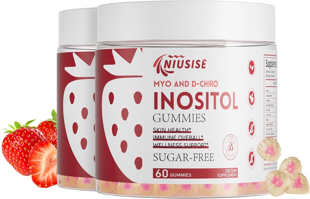 Ινοσιτόλη Gummies, Ινοσιτόλη συμπλήρωμα με Myo-Ινοσιτόλη & D-Χίρο Ινοσιτόλη + Βιταμίνη D3, Ιδανική αναλογία 40:1, με Μαγνήσιο Γλυκινικό 400mg, Υποστηρίζει κανονικό κύκλο για τις γυναίκες, Vegan, 2 συσκευασία