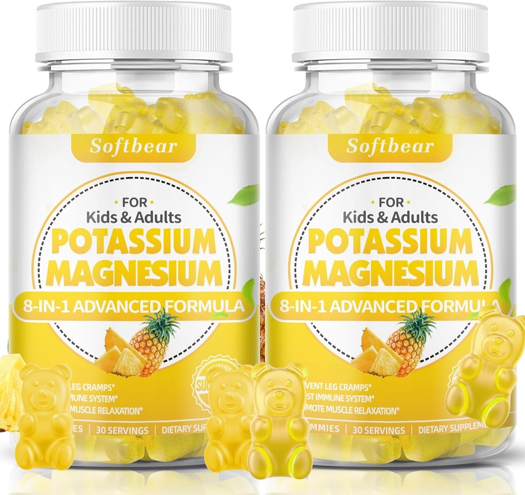 μαλακή αρκούδα Κάλιο Gummies για ενήλικες, Ζάχαρη-ελεύθερο μαγνήσιο συμπλήρωμα με βιταμίνη B6 CoQ10 για τους μυς Cramps Vegan Pineapple Γεύση 120 Gummies
