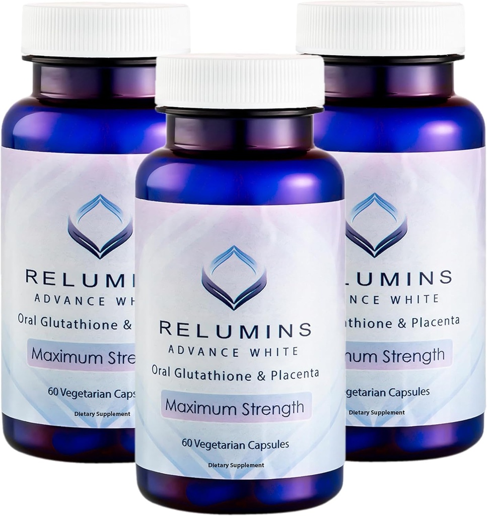 Relumins Advanced White Glutathionone Κάψουλες - Max Strength Brightening Supplement with ALA, Placenta, Rose HIPS & Vitamin C - Καταπολέμηση του Οξειδωτικού Στρες, Υποστηρίζει Collagen & Made in USA - 3 Μπουκάλια
