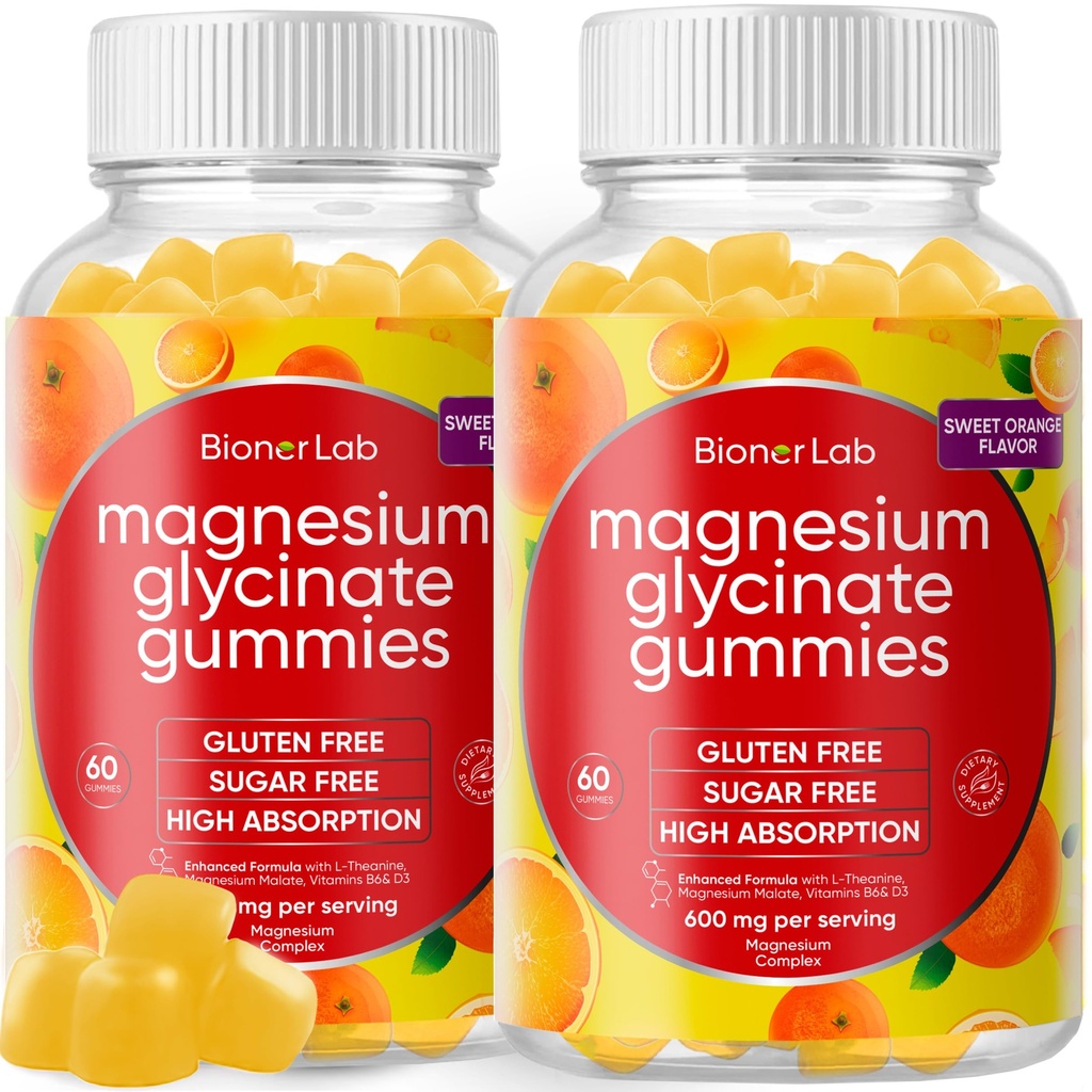 BionerLab Μαγνήσιο Γλυκινικό Μασώμενα Gummies (600mg) για Παιδιά & Ενήλικες Γυναίκες Ανδρες - Vegan Complex with Calcium Pastium Vitamin D B6 L-Theanine - Ζάχαρη & Χωρίς Γλουτένη - Πορτοκαλί Γεύση