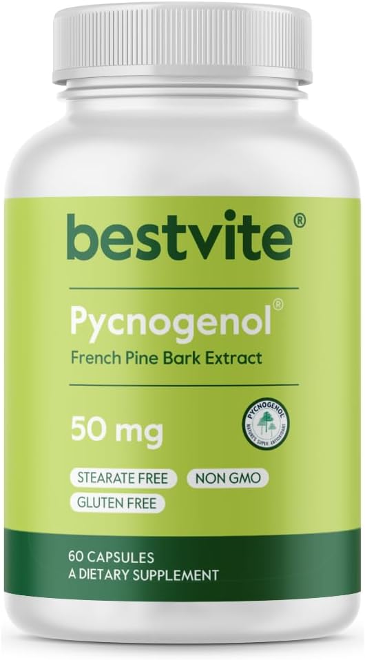 BESTVITE Pycnogenol 50mg (60 κάψουλες) - Γαλλικό Maritime Pine Bark Extract - Όχι Stearates - Χωρίς γλουτένη - Μη ΓΤΟ