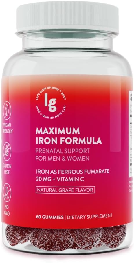 Γλουτένη Iron 20 mg Υψηλή Απορρόφηση Σιδήρου + Βιταμίνη C, B12 & Φολικό – Vegan, Non-GMO, Γλουτένη‐ Δωρεάν – Ενέργεια & Αναιμία Υποστήριξη – 60 Ct