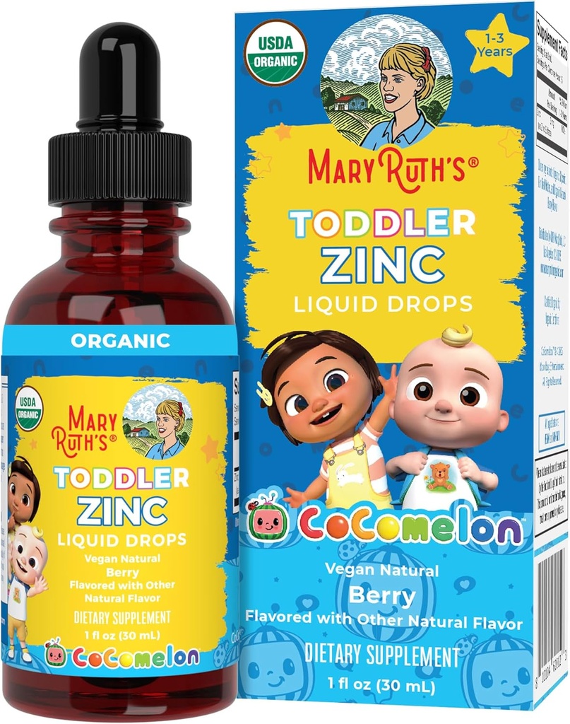 MaryRuth Organics Cocomelon Toddler Liquid Zinc | Sugar Free | USDA Organic | Kids Zinc Sulfate for Ages 1-3 | Immune Support Supplement for Children | Vegan | Non-GMO | Gluten Free | 1 Fl Oz