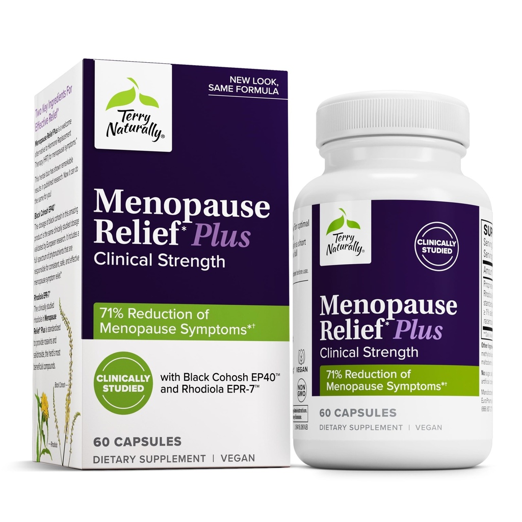 Terry Φυσικά Εμμηνόπαυση Relief Plus - Συμπλήρωμα Συμπτώματος Εμμηνόπαυσης - Συμπλήρωμα Βοήθειας Κατά Περιστασιακών Κουρασμών & Νυχτερινών Ιδρυμάτων - Συμπλήρωμα με Rhodiola & Black Cohosh - 60 Κάψουλες