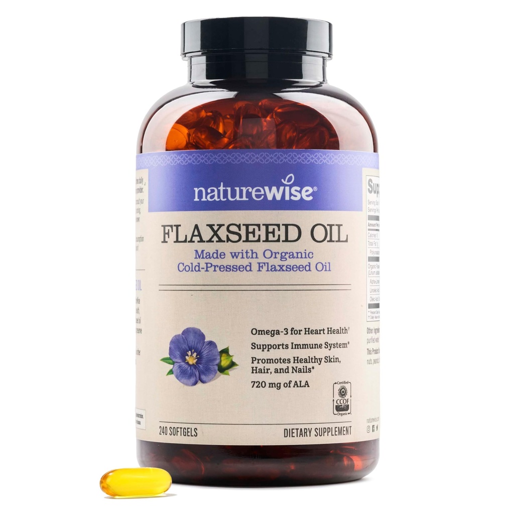 NatureWise flaxseed Oil 1.242 mg, Fish Free Omega 3 6 9 με 720mg ALA, Συμπλήρωμα διατροφής για την υποστήριξη της υγείας της καρδιάς - Βιολογικό, κρύο πιεσμένο, μη GMO - 240 Softgels[8-Month Supply]