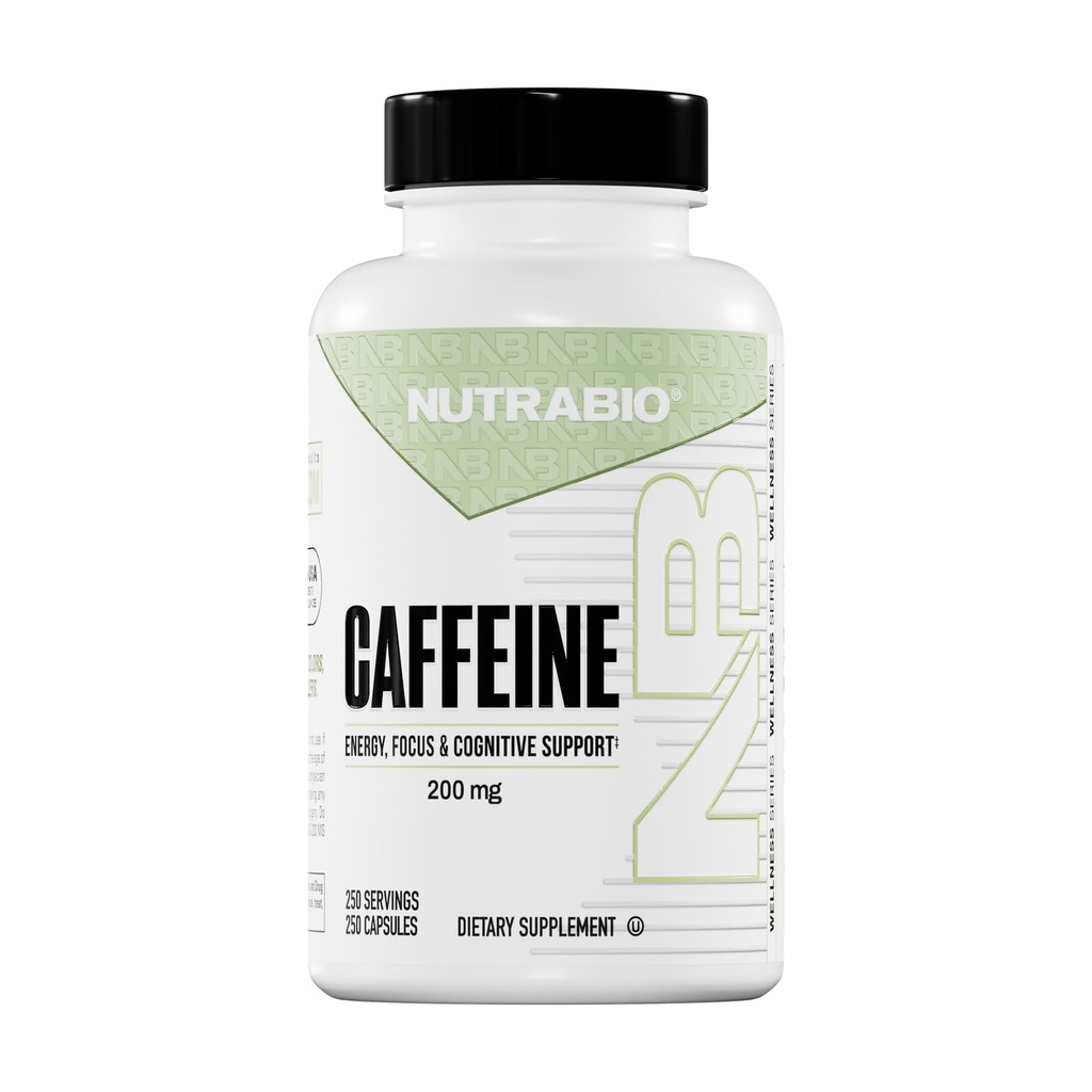 NutraBio 100% Καθαρά Καψάκια καφεΐνης (250 Καψάκια)