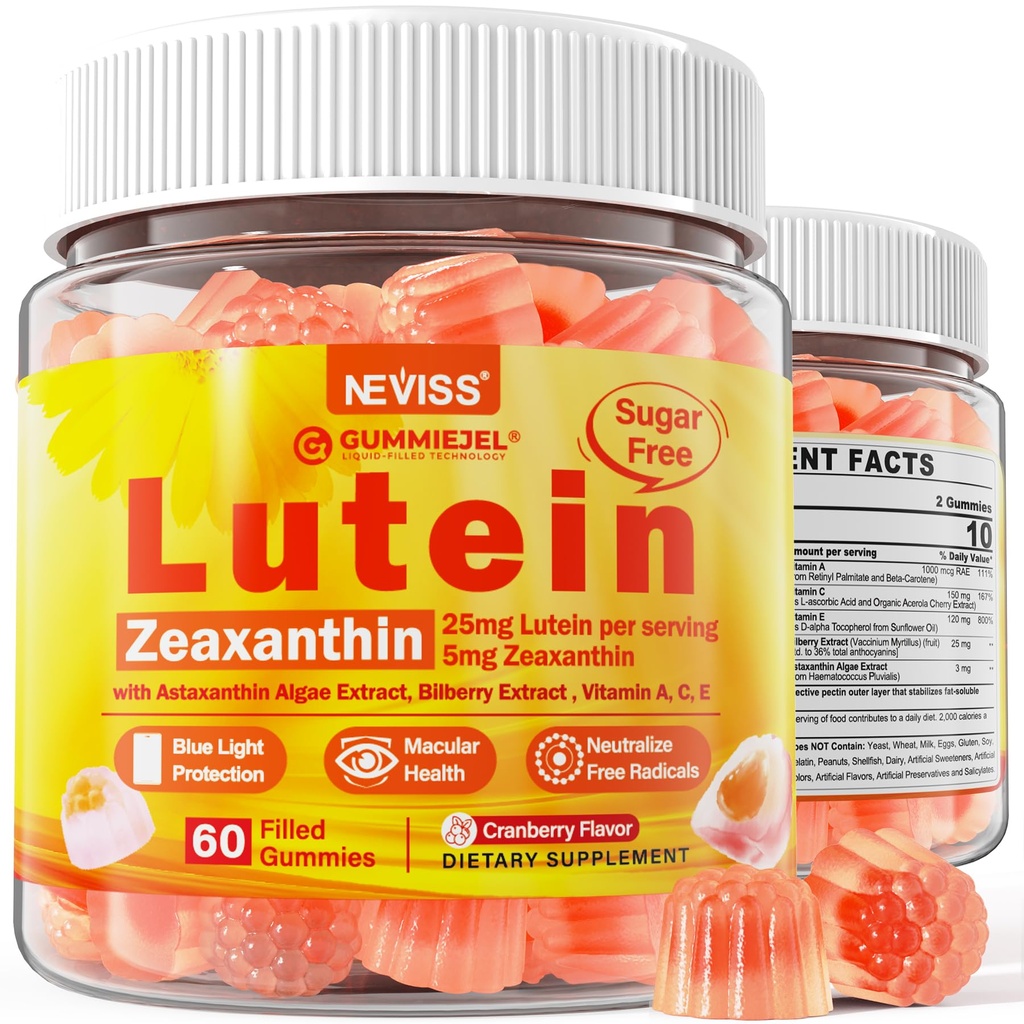 Χωρίς ζάχαρη Συμπληρώματα ζεαξανθίνης Gummies (25mg) Βιταμίνες A, C, E, Bilberry, Ασταξανθίνη - Λάδι καρύδας για Καλύτερη Απορρόφηση - Ενήλικες & Έφηβοι Υγεία Οράματος, Ξηρό Μάτι - Vegan, 60Cts