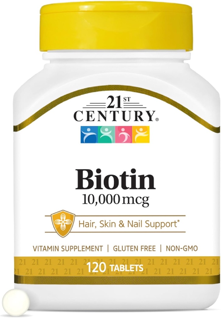 21st Century Biotin Tablets, 10,000 mcg, Unflavored 120 Count