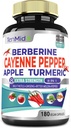 Cayenne Pepper Supplements Extract Capsules, 180 Capsules & Berberine, Apple, Turmeric Curcumin, Bitter Melon, Ginseng, Milk Thistle | Supports Heart Health, Promotes Digestive Function