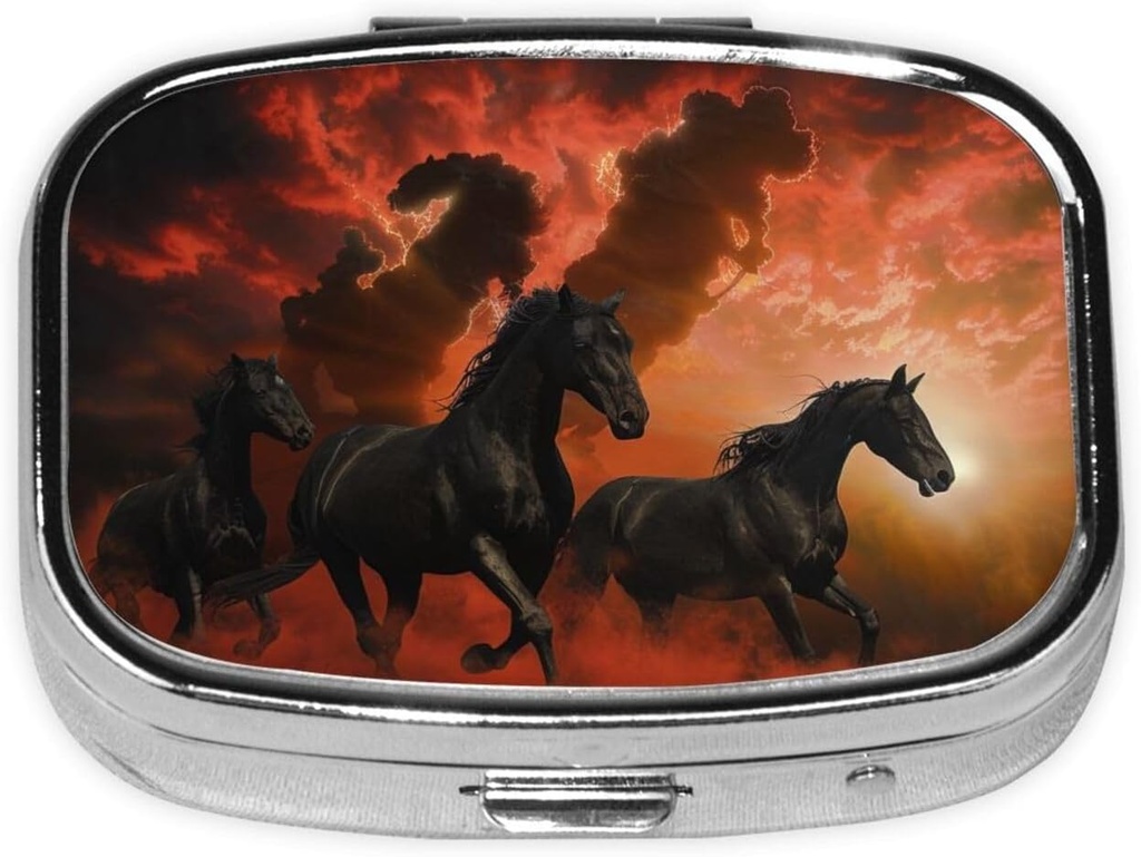 Black Horses Red Glowing Clouds Printed Square Pill Organizer with 2 Compartments, Portable Mini Pill Box Pill Case for Medicine, Vitamin, Fish Oil, Συμπληρώματα