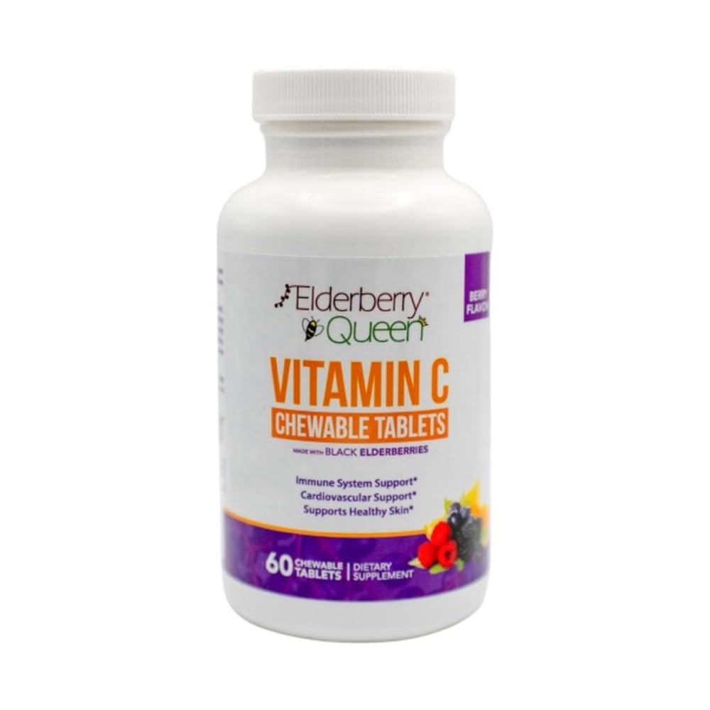 Elderberry Queen Chewable Vitamin C 500mg - Ανοσοποιητική ενίσχυση & αντιοξειδωτικά δισκία υποστήριξης με βιταμίνη Α, Ε & Βιολογική εχινάκεια, Πρεσβύτερα φρούτα, Acerola - Φυσικό συμπλήρωμα διατροφής, 60 Count