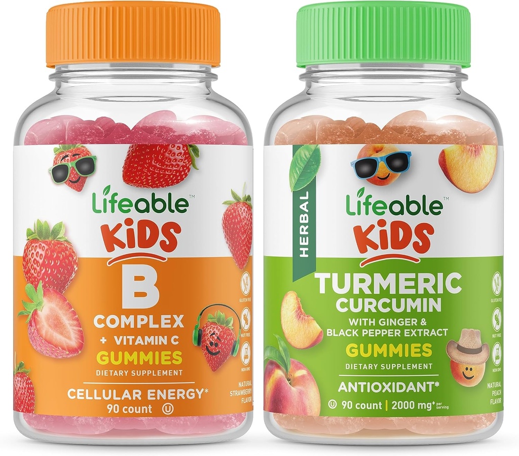 Ζωοποιήσιμο B Complex Kids + Turmeric Curcumin Kids, Gummies Bundle - Μεγάλη γεύση, συμπλήρωμα βιταμινών, χωρίς γλουτένη, GMO δωρεάν, μασώμενη κοιλιά