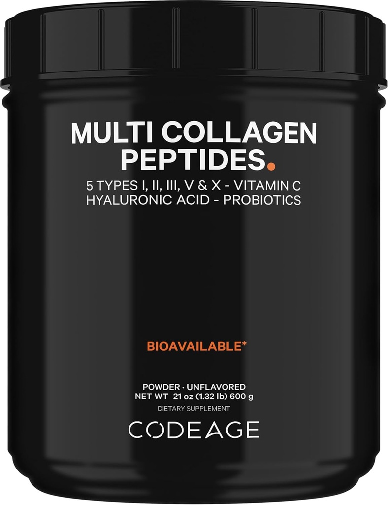 Codeage Multi Collagen Peptides + Probiotics Black Edition, Vitamin C, Hyaluronic Acid Powder Supplement, Grass-Fed, Pasture-Raied, Hydrolyzed, Zero Carbs, Type I, II, III, V & X, Unflaved, 21oz