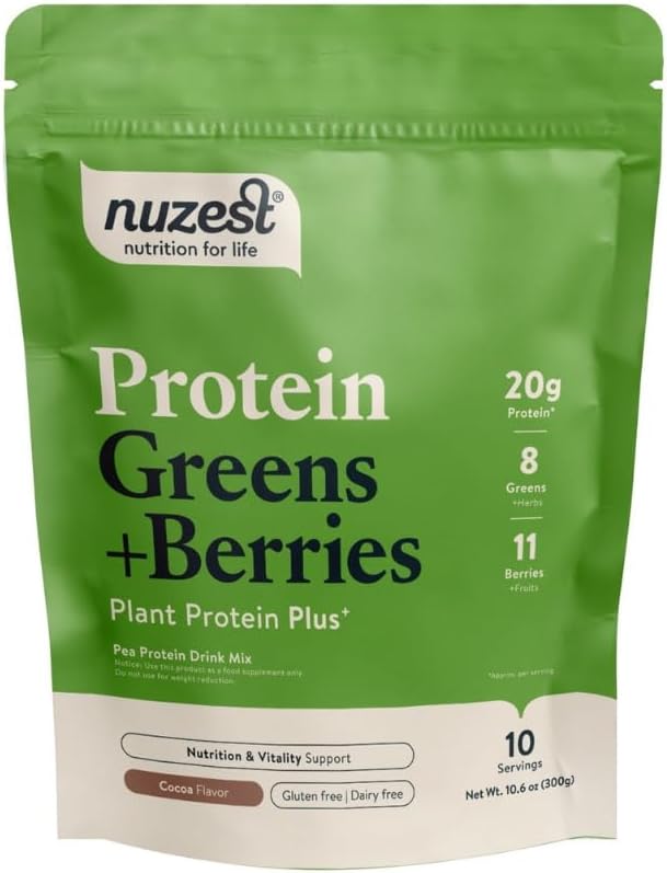 Nuzest – Protein Greens + μούρα – Superfood Powder – Plant Protein Blend - 300g / 10,6 oz Pouch (10 μερίδες) (Cocoa, 300g)