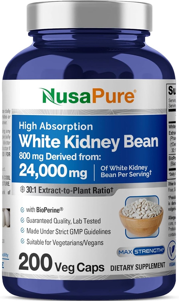 NusaPure White Kidney Beans 30:1 Extract, 800 mg Ισοδύναμο με 24.000 mg 200 Vegan Capses - Bioperine - (Vegan, Non-GMO)