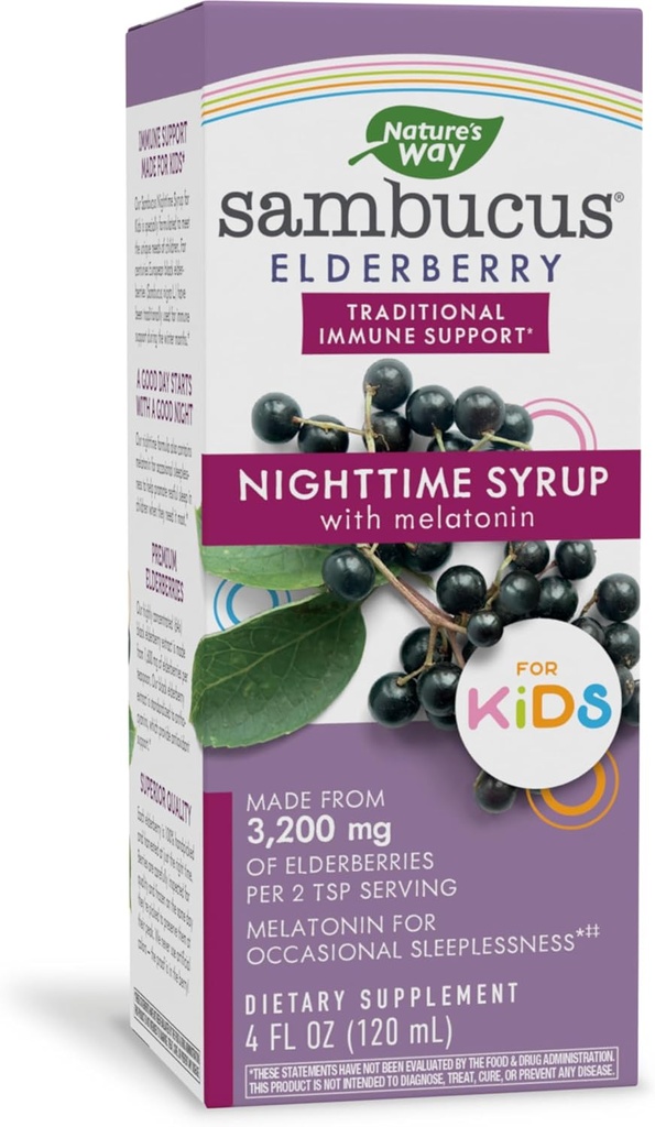 Nature's Way Sambucus Elderberry Nighttime Syrup για παιδιά με μελατονίνη, ανοσοποιητική υποστήριξη*, 4 Fl Oz