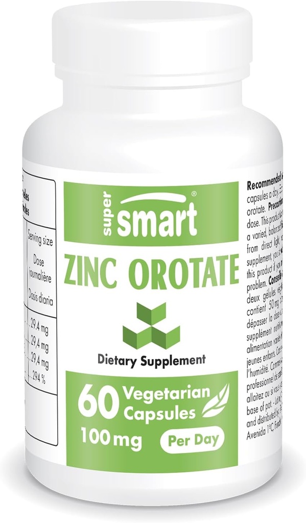 Supersmart - Zinc Orotate Supplement 100mg per Day (Enhanced Form) - Immune Support - Energy & Metabolism Booster - Mild Acne Pills - Skin Health | Non-GMO & Gluten Free - 60 Vegetarian Capsules