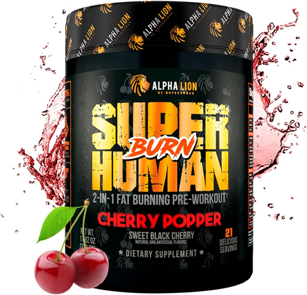 ALPHA LION Superhuman Burn – 2 in 1 Μεταβολισμός Booster Προ προπόνηση και θερμογόνος καύση λίπους για τους άνδρες – Appetite Suppressant και συμπλήρωμα απώλειας βάρους (21 εξυπηρετούν, γλυκιά μαύρη γεύση κεράσι)