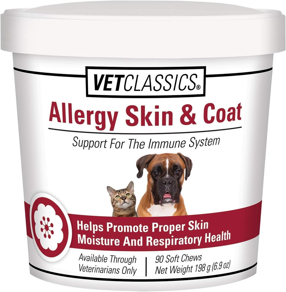Vet Classics Allergy Skin & Coat Υποστήριξη συμπλήρωμα κατοικίδιων ζώων για σκύλους & γάτες – συμπλήρωμα υγείας κατοικίδιων ζώων για την υγρασία του δέρματος γάτας, Αλλεργίες σκύλου, Αναπνευστική υγεία κατοικίδιων ζώων– Περιλαμβάνει αντιοξειδωτικά – μαλακά μάσημα 90 Ct.