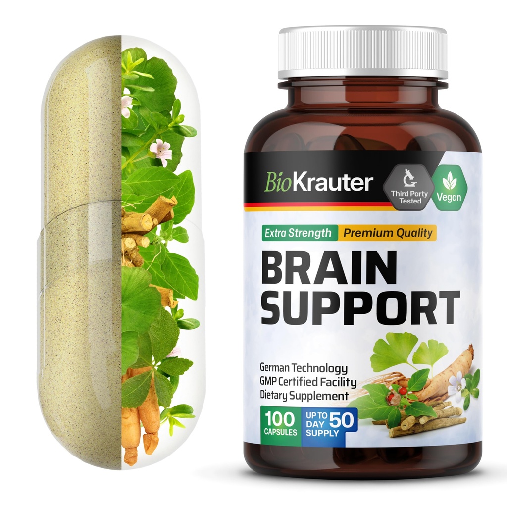 Συμπλήρωμα υποστήριξης εγκεφάλου BIO KRAUTER - 100 Count - 1300 mg Blend Ashwagandha, Panax Ginseng και Ginkgo Biloba - Vegan, χωρίς πληρωτικά