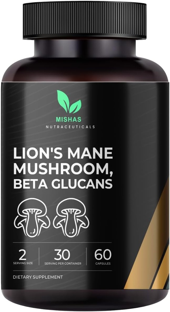 Mishas Lions Mane Supplement - Organic Lions Mane - Υποστήριξη για την υγεία του εγκεφάλου - Mushroom Support for Focus & Memory, ανοσοποιητικό & νευρικό σύστημα λειτουργίας Γυναίκες & άνδρες - 60 κάψουλες Vegan