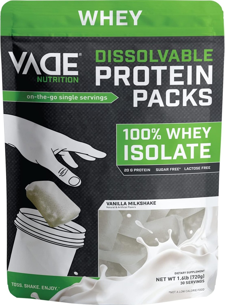 VADE Nutrition Dissolvable Protein Packs - 100% Whey Isolate Protein Powder Vanilla Milkshake - Χαμηλός υδατάνθρακες, χαμηλή θερμίδα, χωρίς λακτόζη, Χωρίς ζάχαρη, χωρίς λίπος, χωρίς γλουτένη - 30 πακέτα για να πάτε