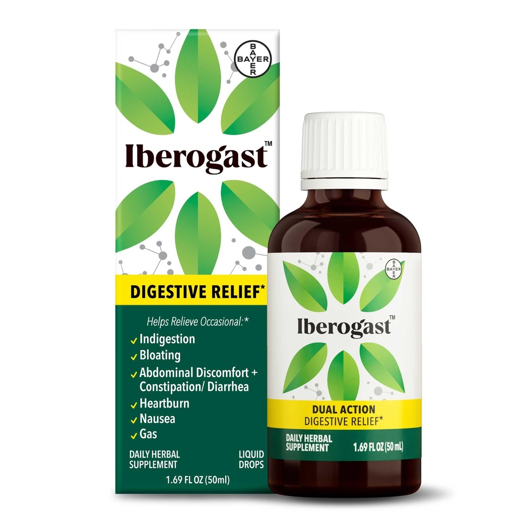 Iberogast Liquid Drops, Herbal Relief of Stomach Upsets: Περιστασιακή δυσπεψία, Bloating, Gas, Nausea, Upset Stomach; Gluten Free; 6-Herb Blend with Iberis Amara, Peppermint, Licorice; 50mL