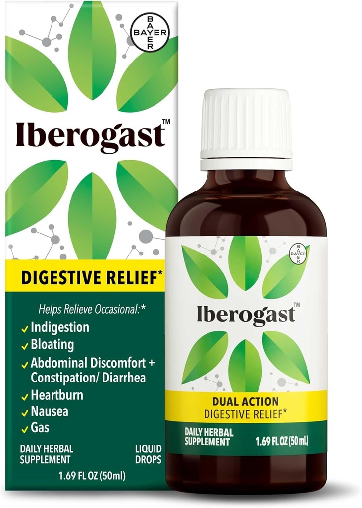 Iberogast Liquid Drops, Herbal Relief of Stomach Upsets: Περιστασιακή δυσπεψία, Bloating, Gas, Nausea, Upset Stomach; Gluten Free; 6-Herb Blend with Iberis Amara, Peppermint, Licorice; 50mL