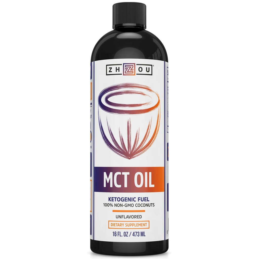 Zhou MCT Oil - Keto Coconut MCT Oil with Caprylic Acid, Whole Body Wellness, Energy, and Brain Health, Pure Medium Chain Triglycerides for Coffee, Unflavored, Non-GMO - 16 fl oz