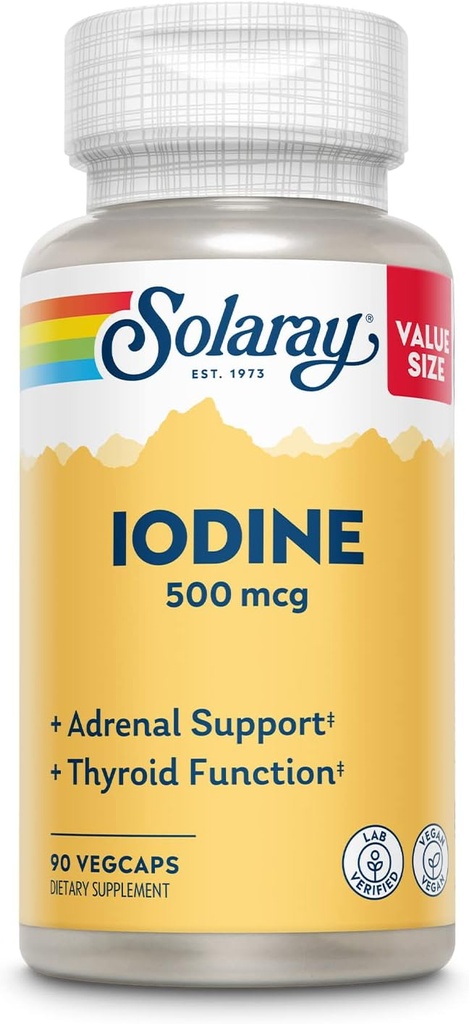 Solaray Iodine 500 mcg, Iodine Supplement for Healthy Adrenal and Thyroid Support, Energy, Metabolism, and Focus, Potassium Iodide, Vegan, 60-Day Money-Back Guarantee, 90 Servings, 90 VegCaps