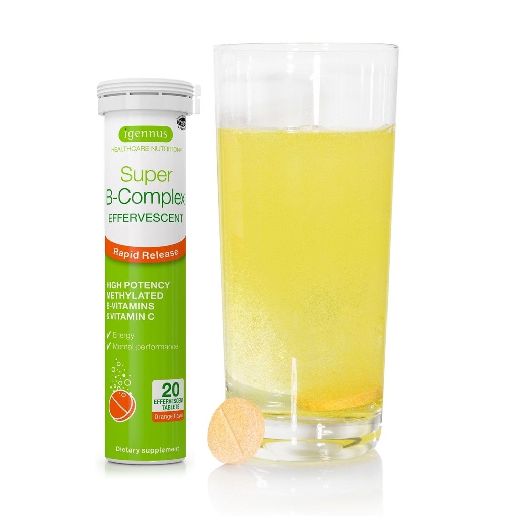 Igennus Super B- Complex μεθυλιωμένο υγρό B- Vitamin αναβράζοντα συμπλήρωμα, γρήγορο ενεργειακό ποτό δράσης, καφεΐνη & ζάχαρη-free, πορτοκαλί γεύση, Vegan, 20 δισκία
