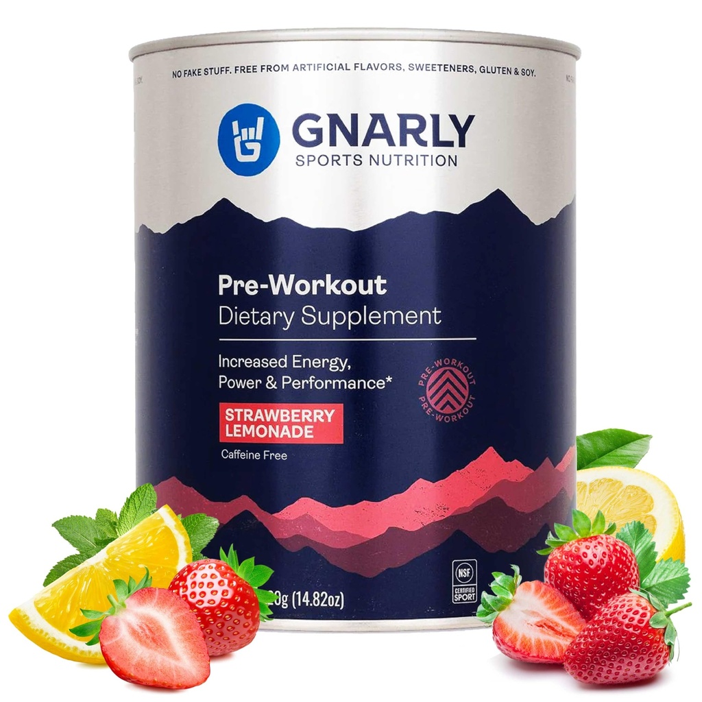 Gnarly Nutrition Natural Pre-Wortout Powder, Strawberry Lemonade – NSF Περιεχόμενα Πιστοποιημένα, Αντοχή & Ανάκτηση – Vegan Pre-Wortout, Sports Nutrition – Φράουλα Λεμονάδα Caffeine Δωρεάν, 14.82 oz