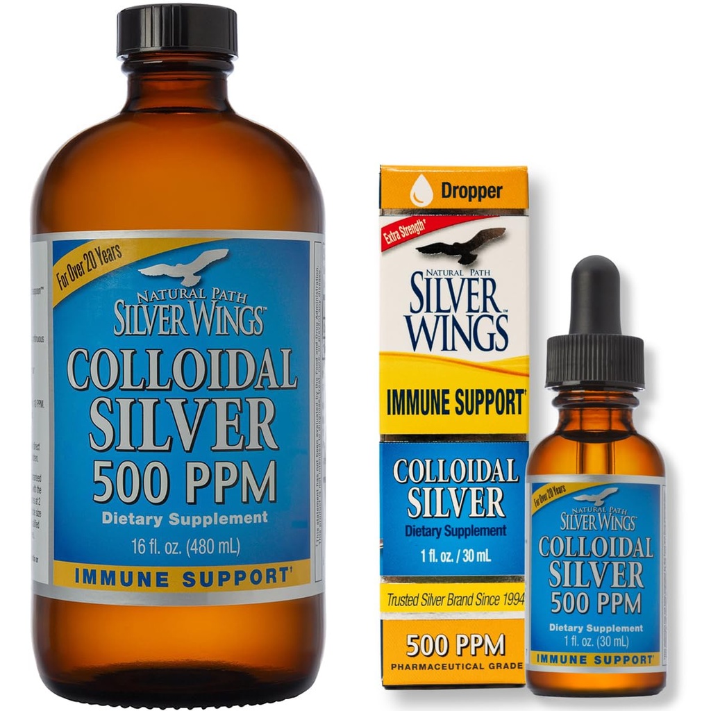 Natural Path Silver Wings Supplement - Κολλοειδές ασήμι 500 ppm (16 fl.oz / 480 ml) Plus Κολλοειδές ασήμι 500 ppm (1 fl.oz / 30 ml)
