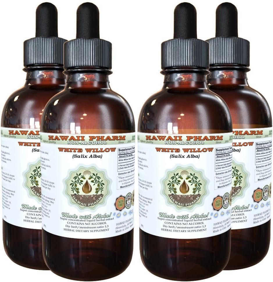 Hawaii Pharm White Willow Alcohol-Free Liquid Extract, Organic White Willow (Salix Alba) Αποξηραμένο Μπαρκ Γλυκερίτης Φυσικό συμπλήρωμα βοτάνων, ΗΠΑ 4x4 fl.oz