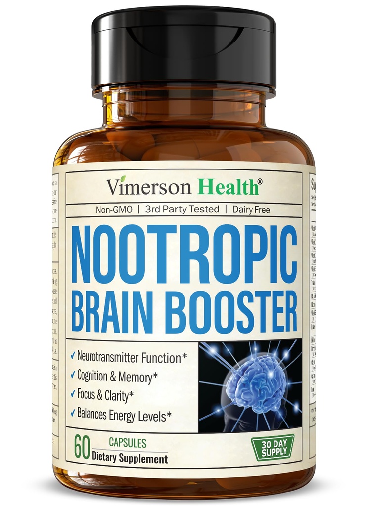 Nootropics Brain Support Supplement - Nootropic Brain Booster για βελτιωμένη εστίαση, συγκέντρωση & μνήμη. Brain Nootropic για την υγεία του εγκεφάλου, Mood & Energy Support. Μη ΓΤΟ. Φτιαγμένο στις ΗΠΑ. 60 Καψάκια