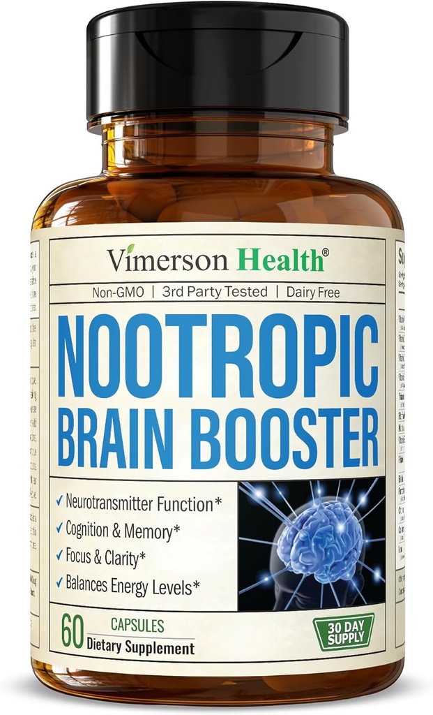 Nootropics Brain Support Supplement - Nootropic Brain Booster για βελτιωμένη εστίαση, συγκέντρωση & μνήμη. Brain Nootropic για την υγεία του εγκεφάλου, Mood & Energy Support. Μη ΓΤΟ. Φτιαγμένο στις ΗΠΑ. 60 Καψάκια