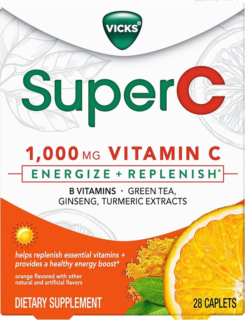 Vicks Super C Energyze + Replenish Daytime Dietary Supplement with Vitamin C, B Vitamins, Green Tea, Ginseng, και Turmeric Extracts για να αναπληρώσετε τις απαραίτητες βιταμίνες*, 28 Caplets