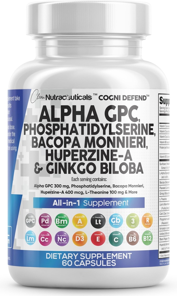 Συμπλήρωμα εγκεφάλου Alpha GPC 300mg Phosphatidylserine Bakopa Monnieri Ginkgo Biloba Lions Mane Huperzine A L- Theanine NAC Nootropic Memory Focus Γνωστική Υποστήριξη Βιταμίνες B C D E 60 Κάψουλες ΗΠΑ
