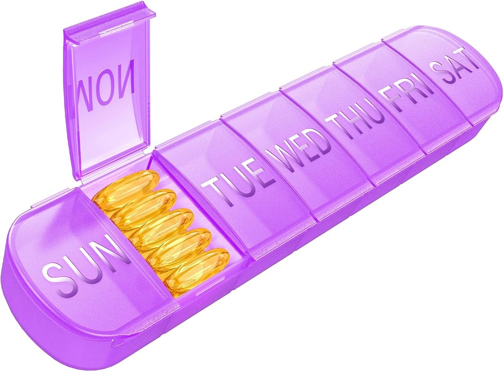 Weekly Pill Organizer 1 φορά την ημέρα, Travel Pill Box 7 ημέρες Extra μεγάλα διαμερίσματα κάτοχος βιταμινών, Daily Pill Container 7day XL Medicine dispenser for Fish Oil Case (Purple)