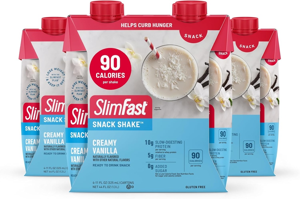 SlimFast Snack Shake, 90 Calorie Fiber Shake, Ready to Drink, Protein Drink, Creamy Vanilla, 12 Count